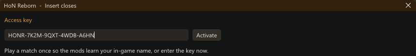 The in-game manager's key screen: an Access key field holding HONR-7K2M-9QXT-4WDB-A6HN and an Activate button.